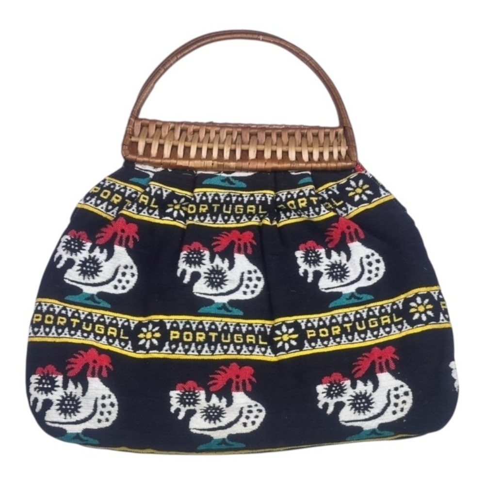 Vintage Portugal Rooster‎ Canvas Tote Bag Wicker Handle Folk Art Print